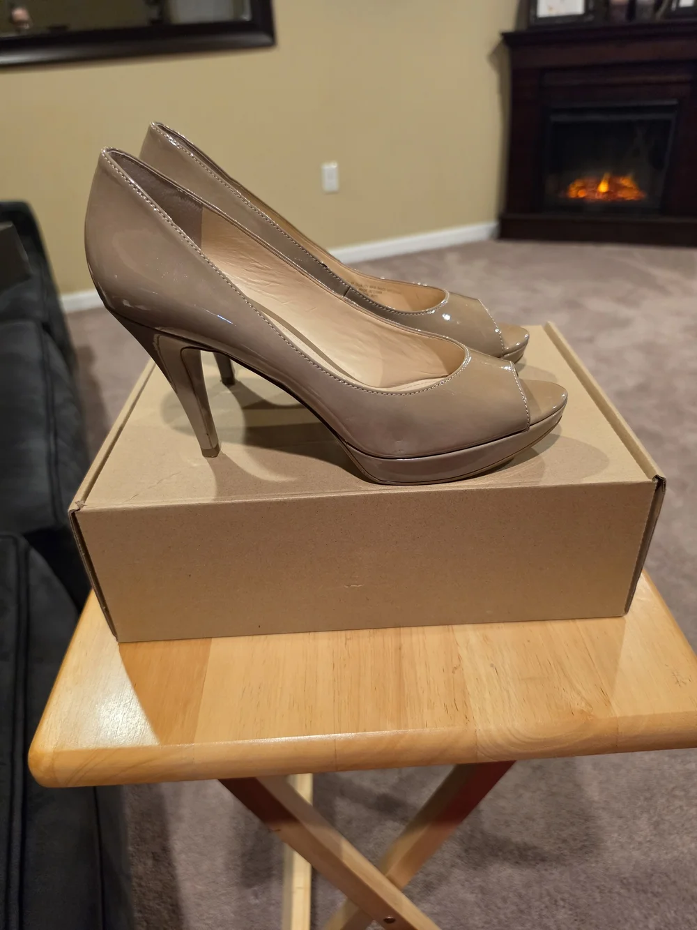 Enzo Angiolini Taupe Patent Peep-Toe Heels